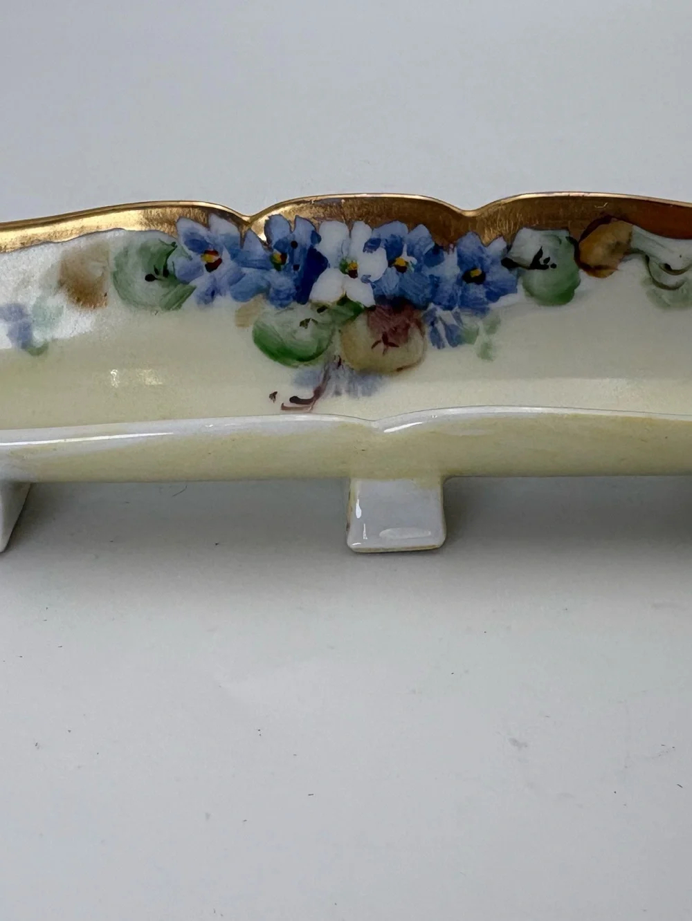 Vintage 1940s French Limoges Porcelain Tray with Delicate Blue Flowers and Gold